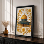 Masjed Al-Aqsa wall art featuring the golden Dome of the Rock in Jerusalem surrounded by elegant gold floral embroidery patterns. Islamic artwork highlighting the sacred mosque architecture with decorative floral design, displayed as framed canvas decor for Muslim homes.