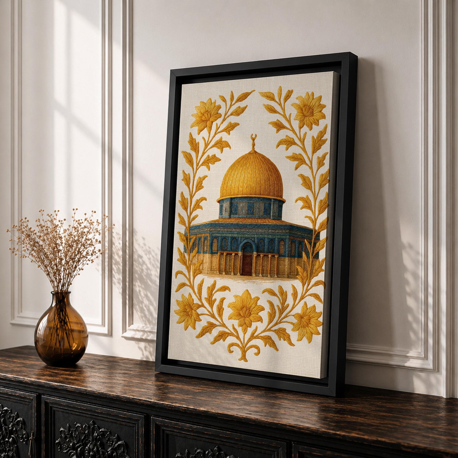 Masjed Al-Aqsa wall art featuring the golden Dome of the Rock in Jerusalem surrounded by elegant gold floral embroidery patterns. Islamic artwork highlighting the sacred mosque architecture with decorative floral design, displayed as framed canvas decor for Muslim homes.