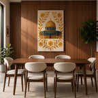 Masjed Al-Aqsa wall art featuring the golden Dome of the Rock in Jerusalem surrounded by elegant gold floral embroidery patterns. Islamic artwork highlighting the sacred mosque architecture with decorative floral design, displayed as framed canvas decor for Muslim homes.