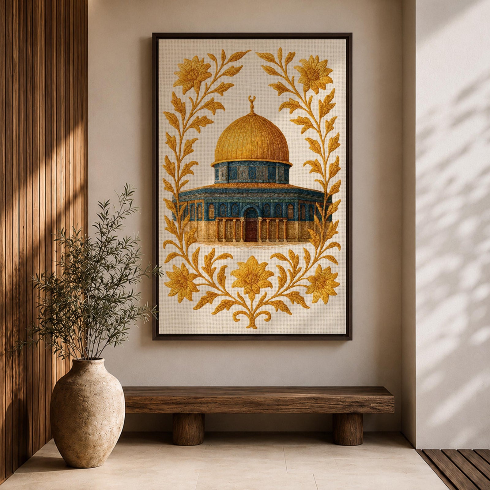 Masjed Al-Aqsa wall art featuring the golden Dome of the Rock in Jerusalem surrounded by elegant gold floral embroidery patterns. Islamic artwork highlighting the sacred mosque architecture with decorative floral design, displayed as framed canvas decor for Muslim homes.