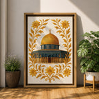 Masjed Al-Aqsa wall art featuring the golden Dome of the Rock in Jerusalem surrounded by elegant gold floral embroidery patterns. Islamic artwork highlighting the sacred mosque architecture with decorative floral design, displayed as framed canvas decor for Muslim homes.