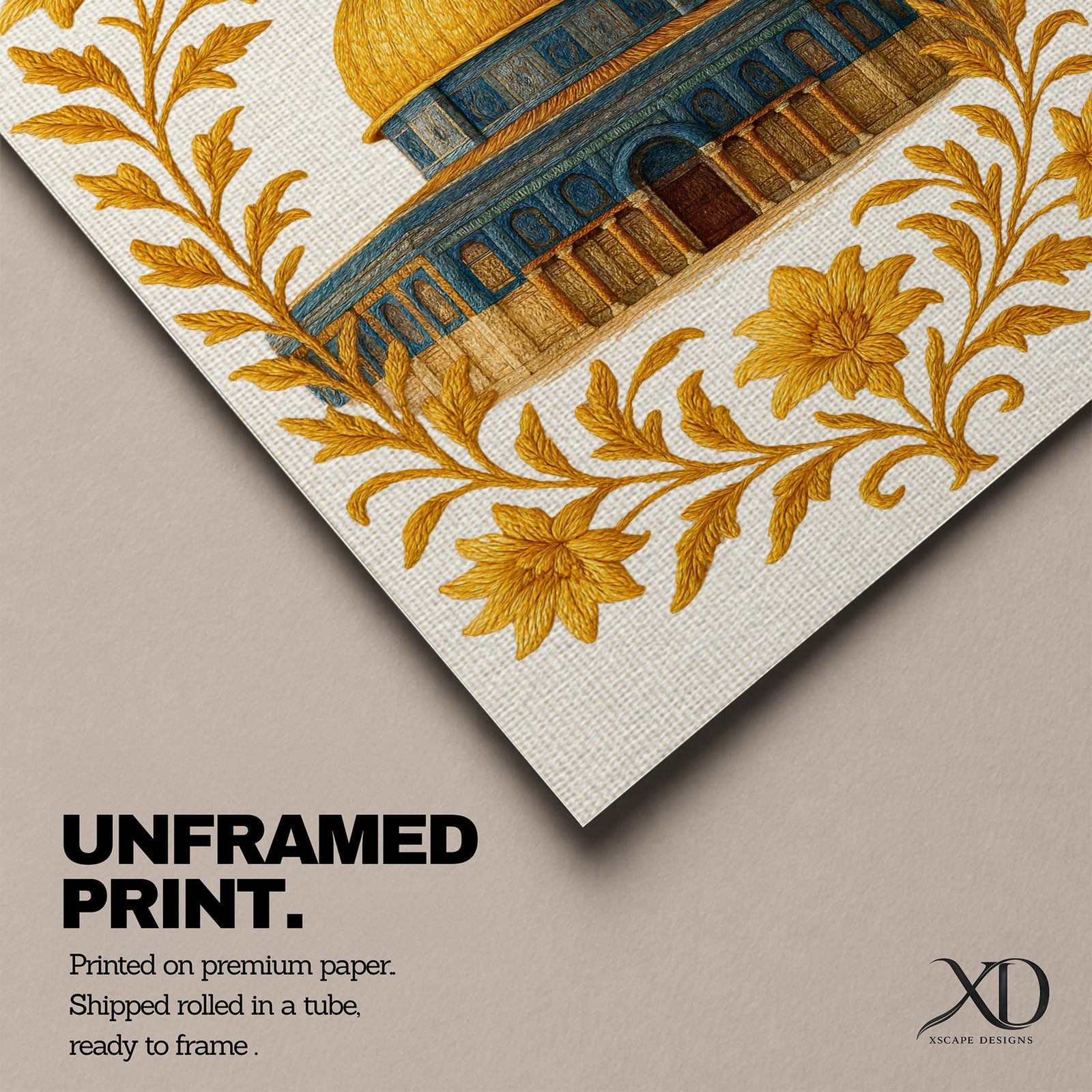Masjed Al-Aqsa wall art featuring the golden Dome of the Rock in Jerusalem surrounded by elegant gold floral embroidery patterns. Islamic artwork highlighting the sacred mosque architecture with decorative floral design, displayed as framed canvas decor for Muslim homes.
