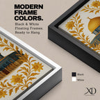 Masjed Al-Aqsa wall art featuring the golden Dome of the Rock in Jerusalem surrounded by elegant gold floral embroidery patterns. Islamic artwork highlighting the sacred mosque architecture with decorative floral design, displayed as framed canvas decor for Muslim homes.