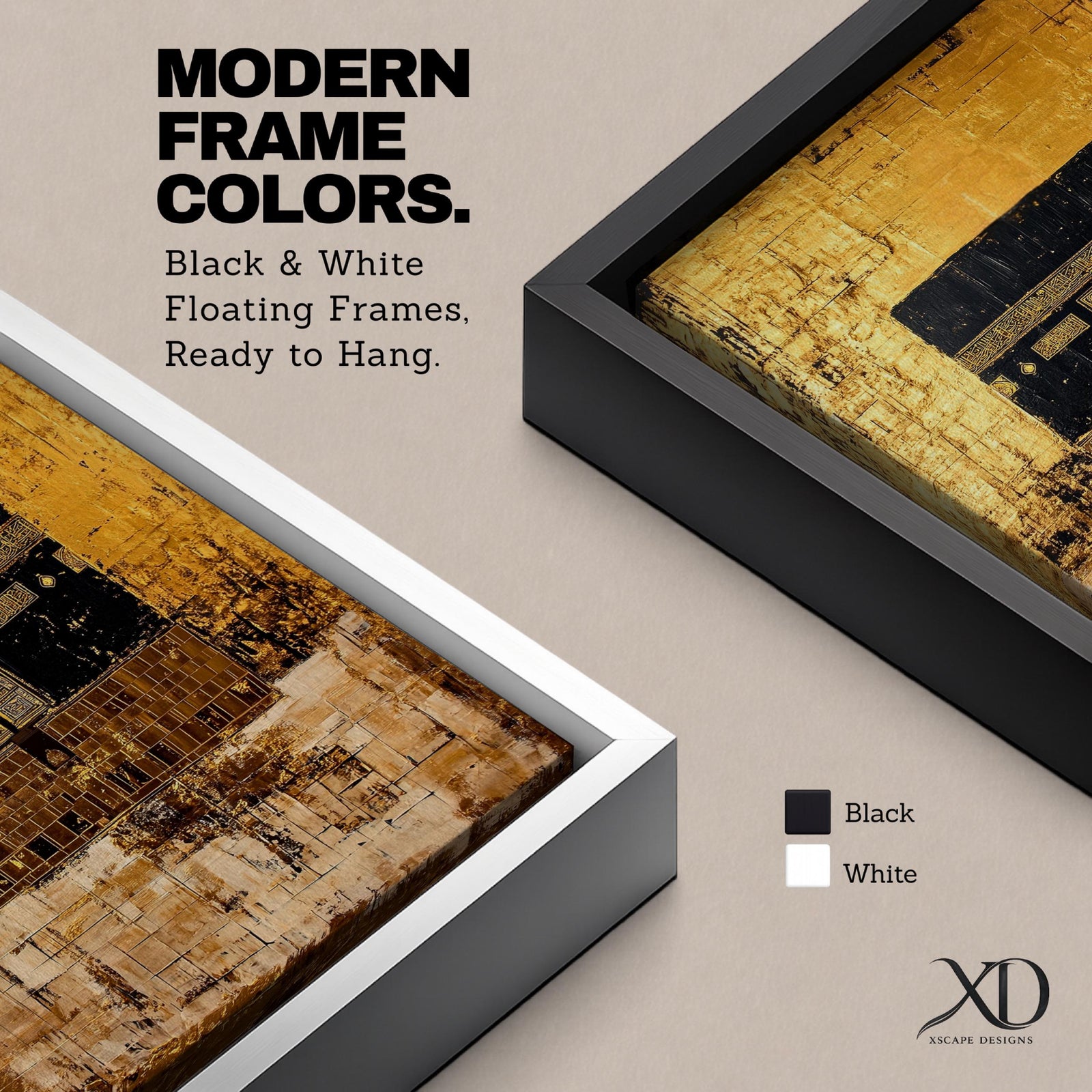 Kaaba wall art featuring the sacred Kaaba at Masjid al-Haram in Mecca with a gold textured background. Islamic artwork inspired by the Hajj and Umrah pilgrimage showing the holy mosque and Kaaba structure. Framed canvas Islamic decor for Muslim homes and prayer spaces.