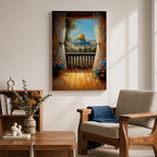 Masjed Al Aqsa wall art featuring the golden dome in Jerusalem viewed from a peaceful balcony with curtains and flowers overlooking the historic city. Islamic architecture artwork capturing the beauty of the sacred mosque and Jerusalem skyline in framed canvas decor.