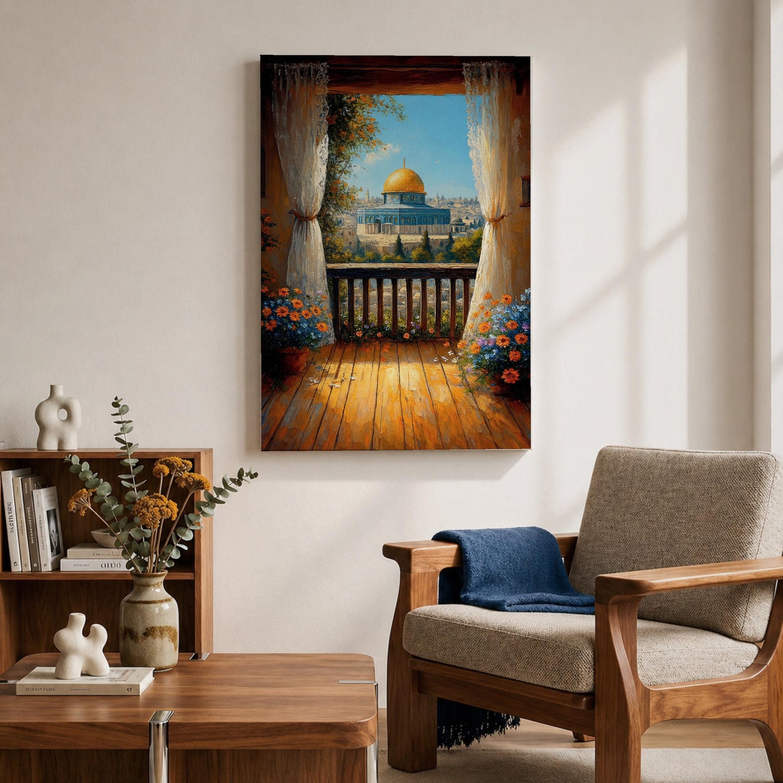 Masjed Al Aqsa wall art featuring the golden dome in Jerusalem viewed from a peaceful balcony with curtains and flowers overlooking the historic city. Islamic architecture artwork capturing the beauty of the sacred mosque and Jerusalem skyline in framed canvas decor.