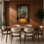 Masjed Al Aqsa wall art featuring the golden dome in Jerusalem viewed from a peaceful balcony with curtains and flowers overlooking the historic city. Islamic architecture artwork capturing the beauty of the sacred mosque and Jerusalem skyline in framed canvas decor.