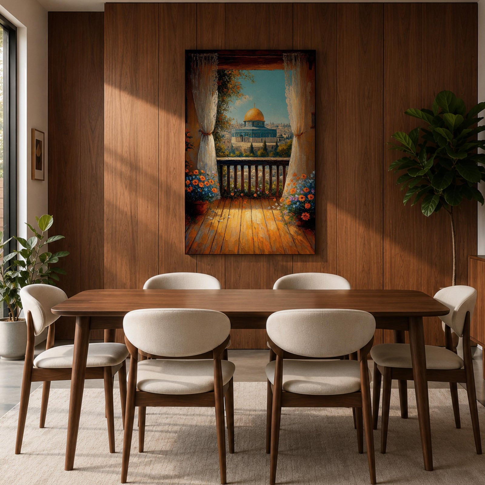 Masjed Al Aqsa wall art featuring the golden dome in Jerusalem viewed from a peaceful balcony with curtains and flowers overlooking the historic city. Islamic architecture artwork capturing the beauty of the sacred mosque and Jerusalem skyline in framed canvas decor.