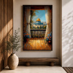 Masjed Al Aqsa wall art featuring the golden dome in Jerusalem viewed from a peaceful balcony with curtains and flowers overlooking the historic city. Islamic architecture artwork capturing the beauty of the sacred mosque and Jerusalem skyline in framed canvas decor.
