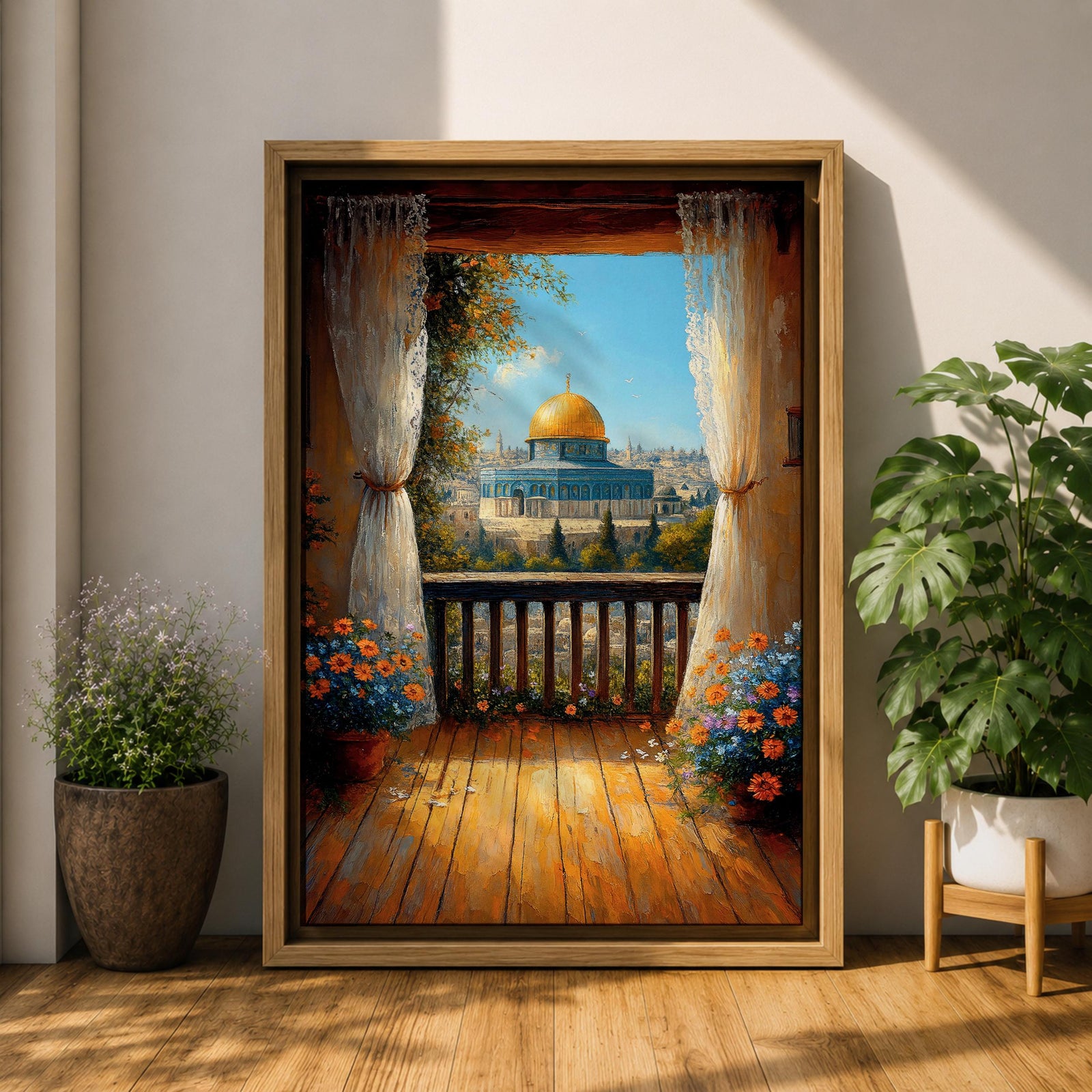 Masjed Al Aqsa wall art featuring the golden dome in Jerusalem viewed from a peaceful balcony with curtains and flowers overlooking the historic city. Islamic architecture artwork capturing the beauty of the sacred mosque and Jerusalem skyline in framed canvas decor.