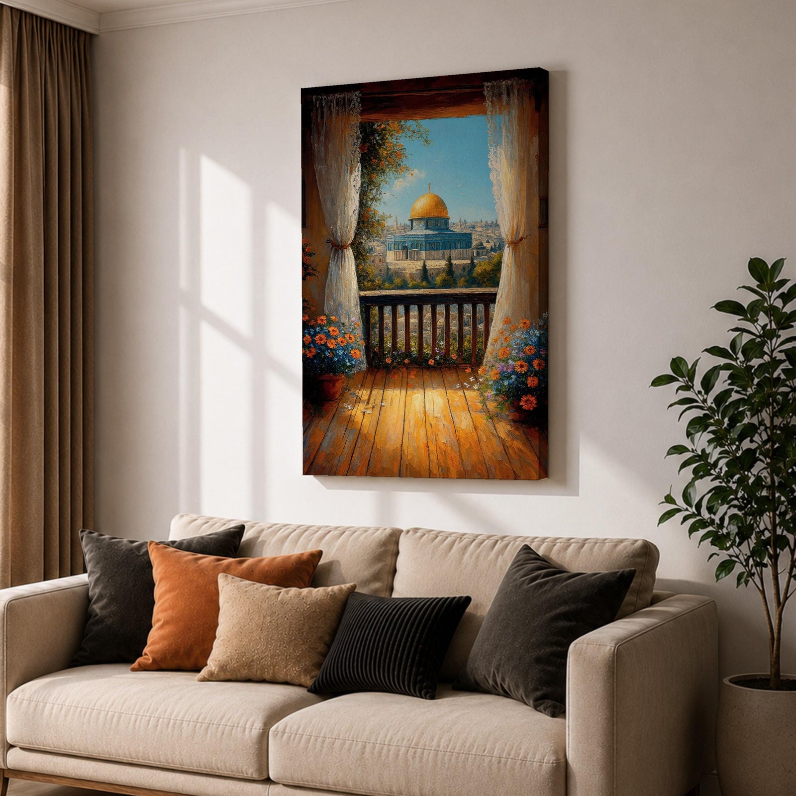 Masjed Al Aqsa wall art featuring the golden dome in Jerusalem viewed from a peaceful balcony with curtains and flowers overlooking the historic city. Islamic architecture artwork capturing the beauty of the sacred mosque and Jerusalem skyline in framed canvas decor.