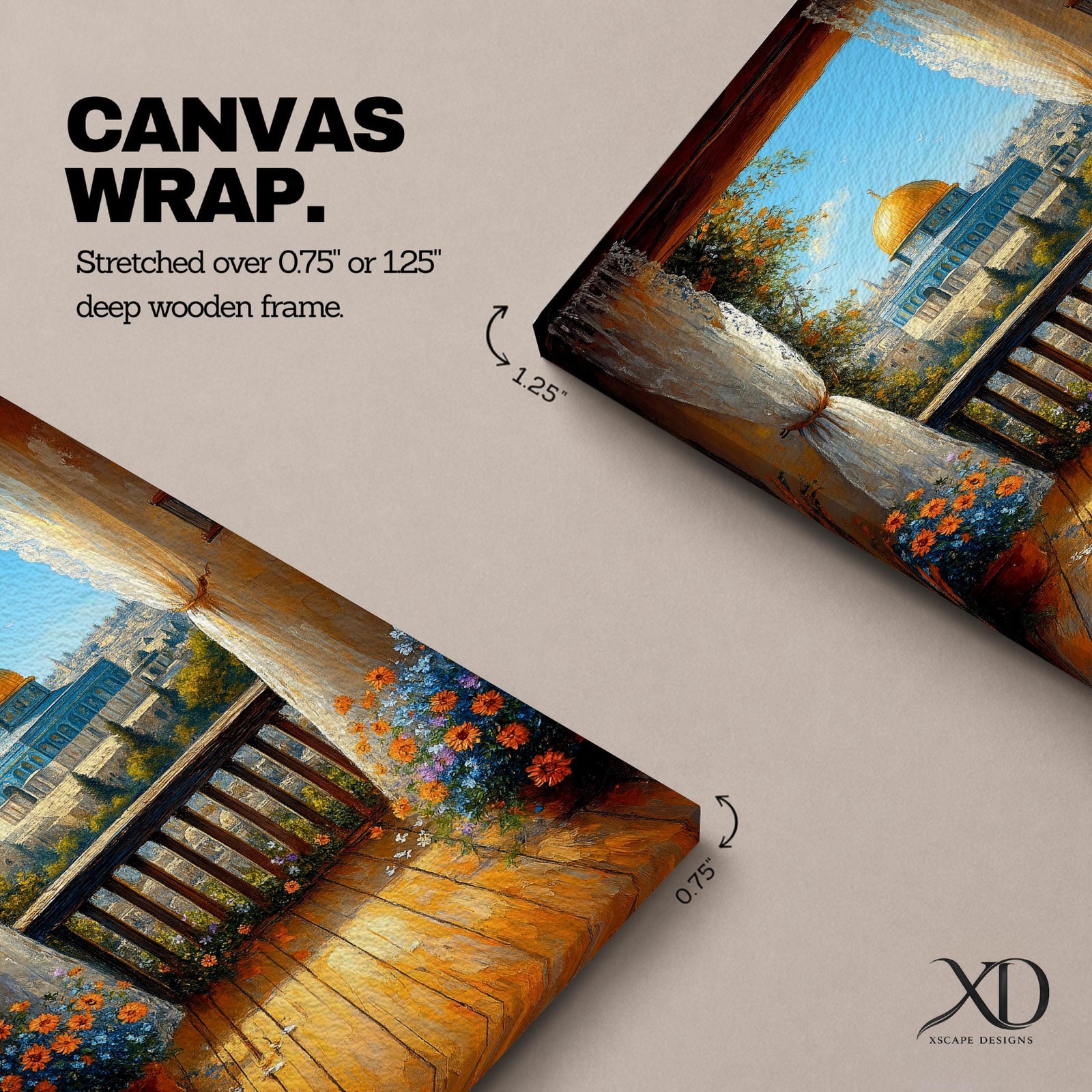 Masjed Al Aqsa wall art featuring the golden dome in Jerusalem viewed from a peaceful balcony with curtains and flowers overlooking the historic city. Islamic architecture artwork capturing the beauty of the sacred mosque and Jerusalem skyline in framed canvas decor.