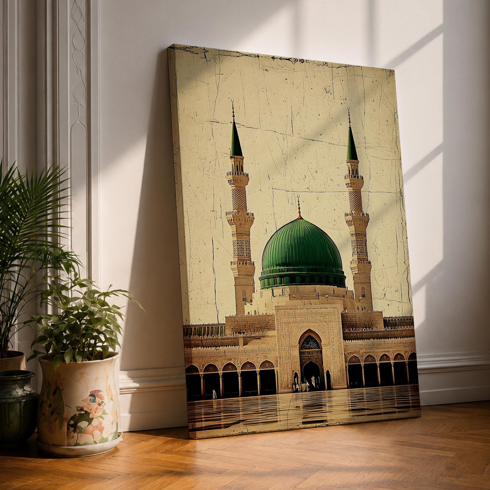 Masjid Al Nabawi wall art featuring the iconic green dome of the Prophet’s Mosque in Medina with mosque minarets and courtyard architecture. Vintage Islamic artwork highlighting the sacred mosque and spiritual beauty of Medina in framed canvas decor.