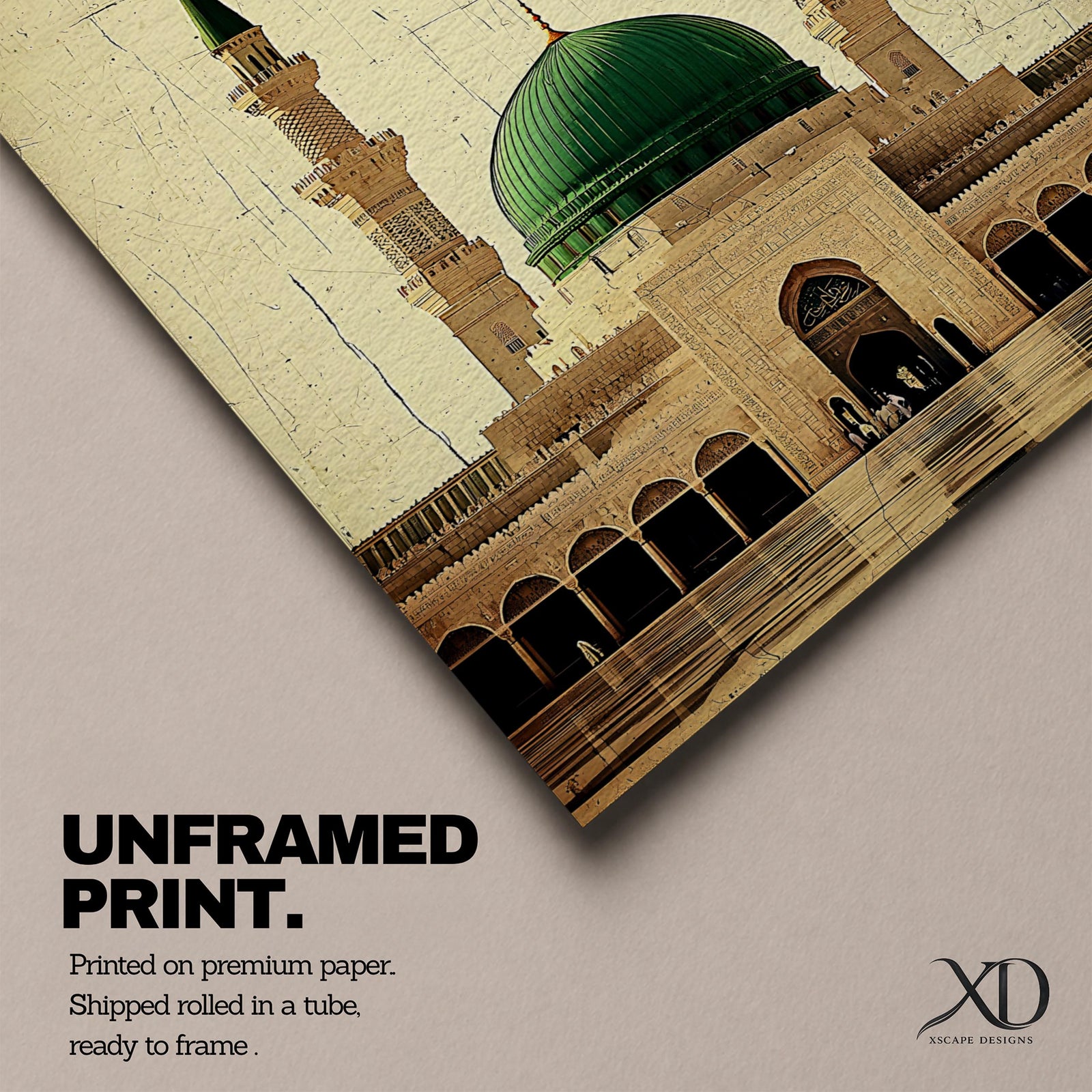 Masjid Al Nabawi wall art featuring the iconic green dome of the Prophet’s Mosque in Medina with mosque minarets and courtyard architecture. Vintage Islamic artwork highlighting the sacred mosque and spiritual beauty of Medina in framed canvas decor.
