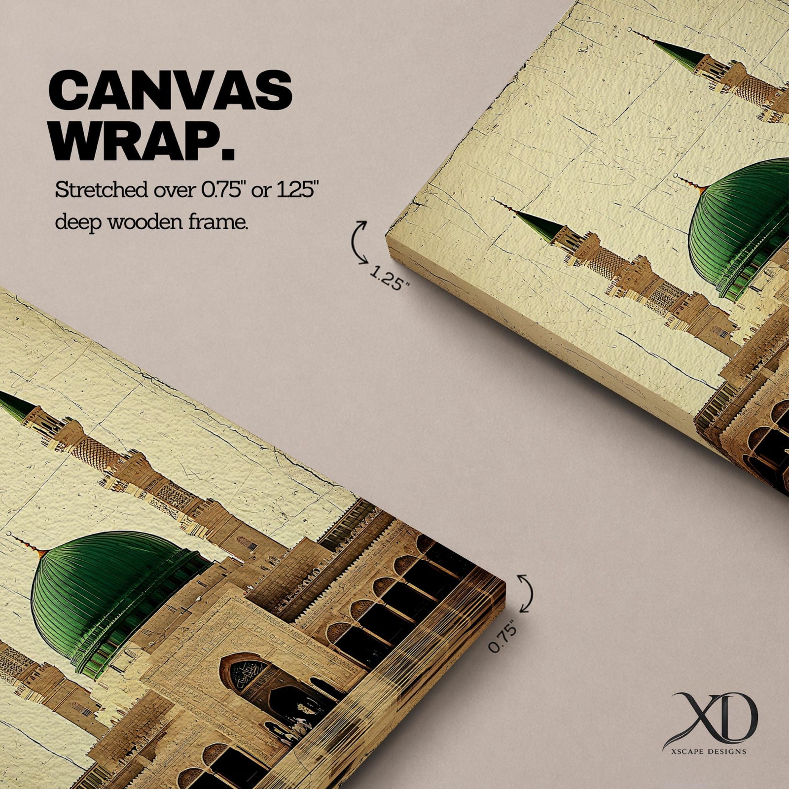 Masjid Al Nabawi wall art featuring the iconic green dome of the Prophet’s Mosque in Medina with mosque minarets and courtyard architecture. Vintage Islamic artwork highlighting the sacred mosque and spiritual beauty of Medina in framed canvas decor.