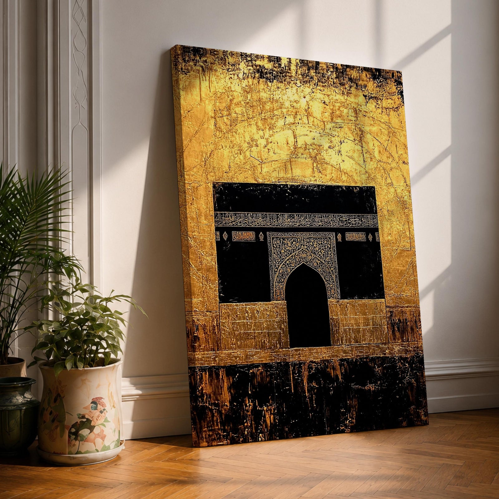 Kaaba wall art featuring the sacred Kaaba at Masjid al-Haram in Mecca framed by a golden arch design. Vintage style Islamic artwork with rich gold tones highlighting the holy mosque and spiritual architecture. Framed canvas Islamic decor for Muslim homes and prayer spaces.