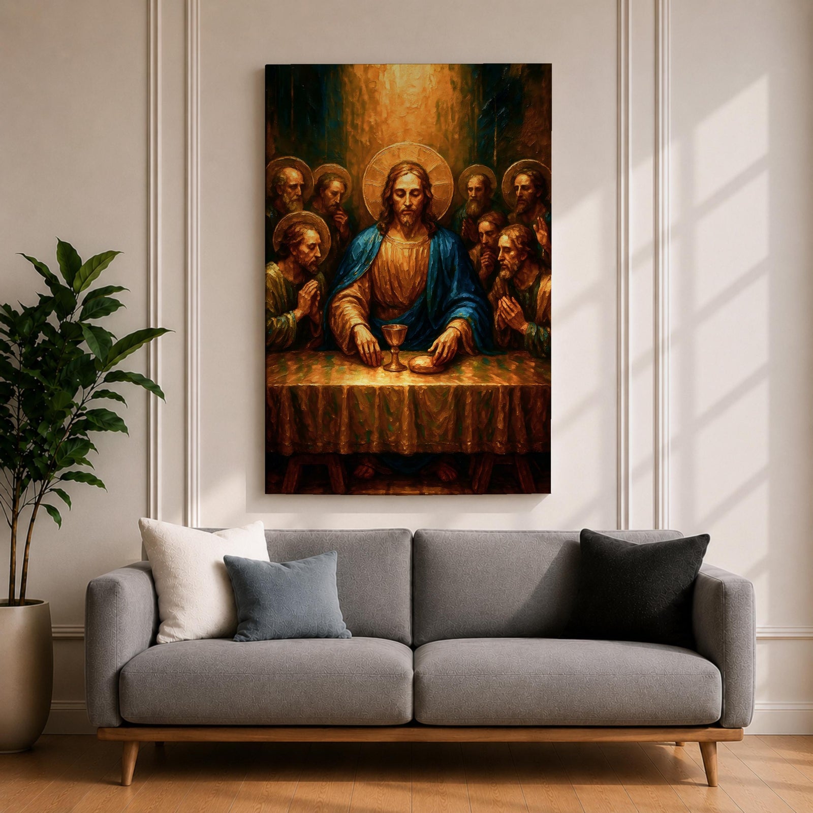 Illustration of The Last Supper showing Jesus seated at a long table with the twelve disciples gathered around him as he presents bread and wine representing the Eucharist, composed in a traditional biblical scene with expressive gestures and balanced arrangement, rendered with soft shading and warm tones in a Christian devotional style.
