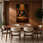 Illustration of The Last Supper showing Jesus seated at a long table with the twelve disciples gathered around him as he presents bread and wine representing the Eucharist, composed in a traditional biblical scene with expressive gestures and balanced arrangement, rendered with soft shading and warm tones in a Christian devotional style.