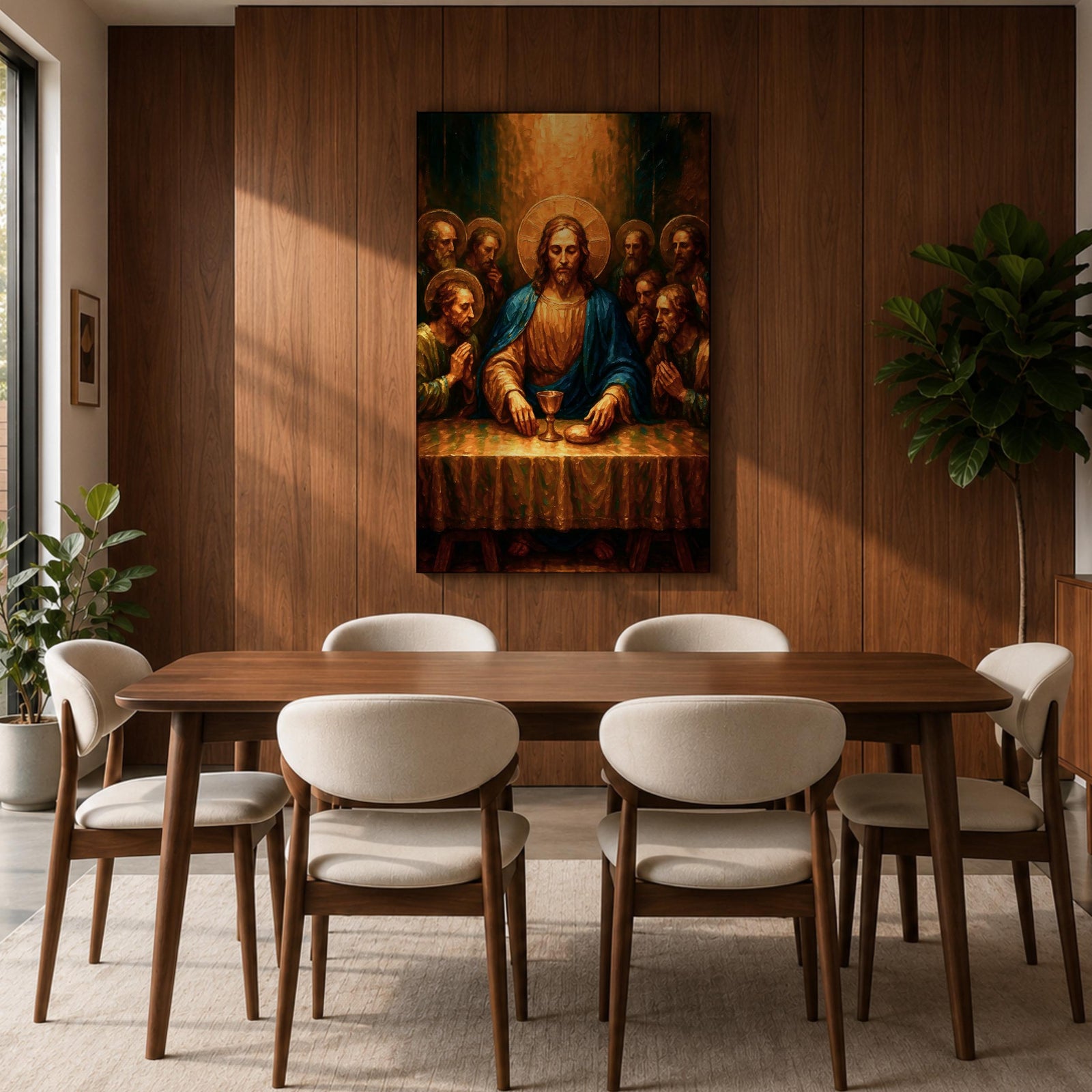 Illustration of The Last Supper showing Jesus seated at a long table with the twelve disciples gathered around him as he presents bread and wine representing the Eucharist, composed in a traditional biblical scene with expressive gestures and balanced arrangement, rendered with soft shading and warm tones in a Christian devotional style.