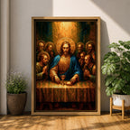 Illustration of The Last Supper showing Jesus seated at a long table with the twelve disciples gathered around him as he presents bread and wine representing the Eucharist, composed in a traditional biblical scene with expressive gestures and balanced arrangement, rendered with soft shading and warm tones in a Christian devotional style.