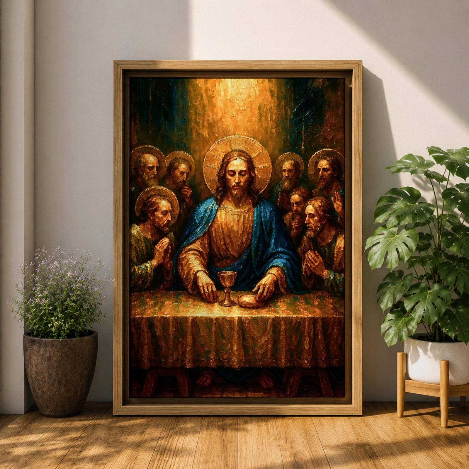 Illustration of The Last Supper showing Jesus seated at a long table with the twelve disciples gathered around him as he presents bread and wine representing the Eucharist, composed in a traditional biblical scene with expressive gestures and balanced arrangement, rendered with soft shading and warm tones in a Christian devotional style.