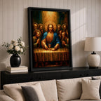 Illustration of The Last Supper showing Jesus seated at a long table with the twelve disciples gathered around him as he presents bread and wine representing the Eucharist, composed in a traditional biblical scene with expressive gestures and balanced arrangement, rendered with soft shading and warm tones in a Christian devotional style.