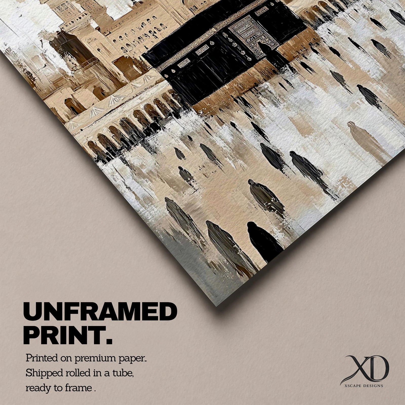 Kaaba wall art showing Masjid al-Haram in Mecca with pilgrims performing Hajj and Umrah around the sacred Kaaba. Vintage Islamic artwork capturing the spiritual atmosphere of the pilgrimage with mosque domes, minarets, and worshippers in the courtyard, framed canvas decor.