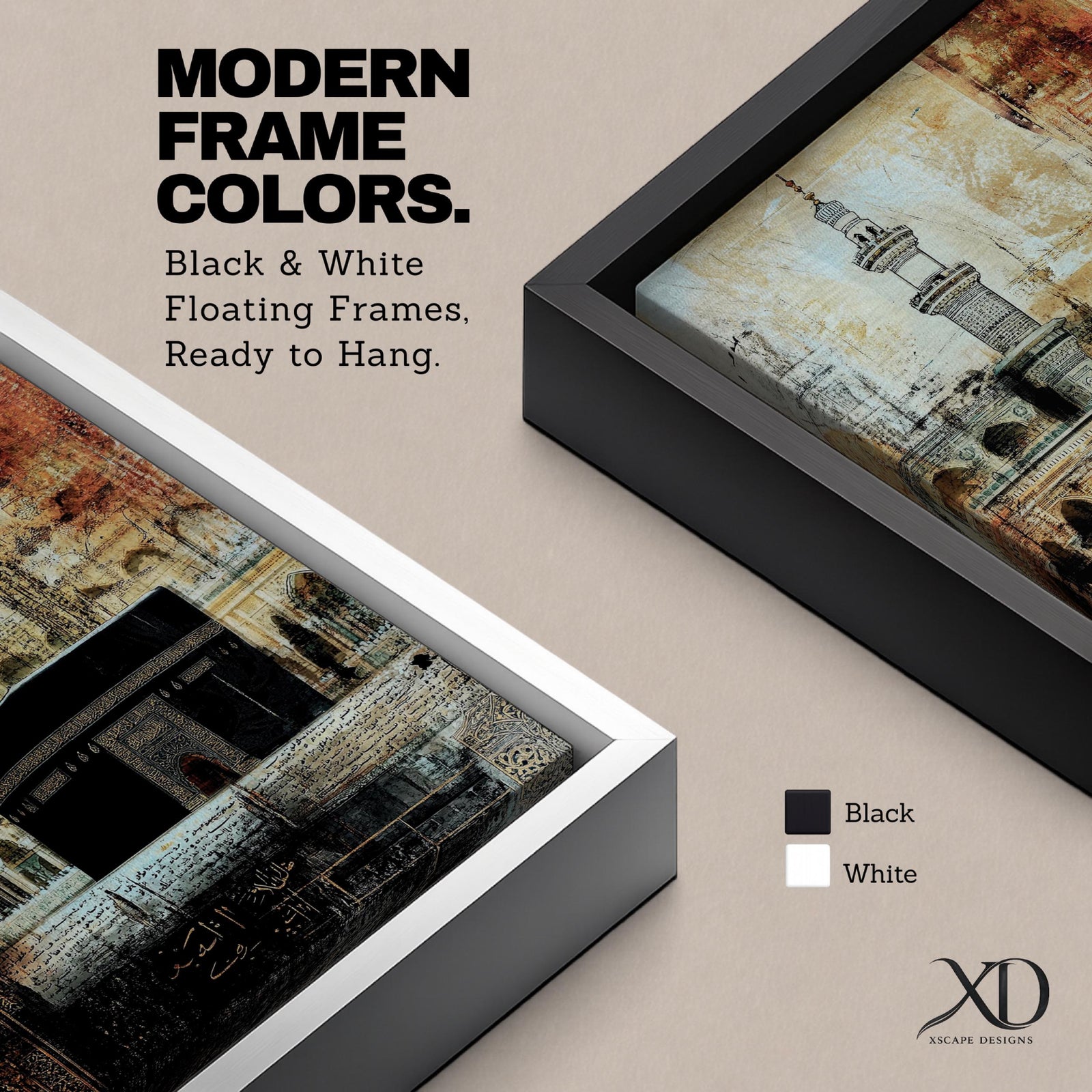 Kaaba wall art showing the sacred Kaaba at Masjid al-Haram in Mecca with mosque minaret and vintage textured background. Islamic artwork inspired by the Hajj pilgrimage and holy mosque architecture. Framed canvas decor for Muslim homes, prayer rooms, and spiritual interiors.
