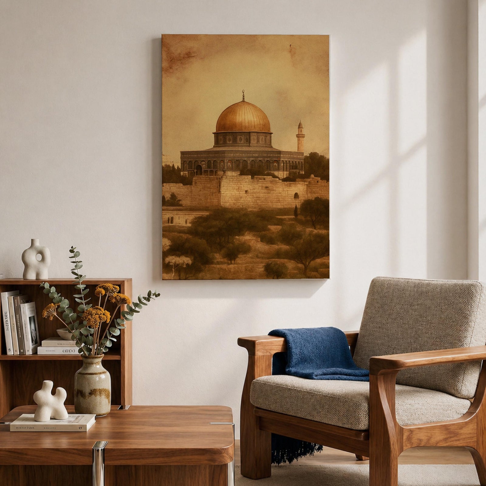 Dome of the Rock wall art featuring the iconic golden dome near Al Aqsa Mosque in Jerusalem Old City. Vintage style Islamic architecture artwork showing the historic holy site with warm antique tones. Framed canvas Islamic decor inspired by the sacred landmarks of Jerusalem.