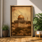 Dome of the Rock wall art featuring the iconic golden dome near Al Aqsa Mosque in Jerusalem Old City. Vintage style Islamic architecture artwork showing the historic holy site with warm antique tones. Framed canvas Islamic decor inspired by the sacred landmarks of Jerusalem.
