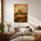 Dome of the Rock wall art featuring the iconic golden dome near Al Aqsa Mosque in Jerusalem Old City. Vintage style Islamic architecture artwork showing the historic holy site with warm antique tones. Framed canvas Islamic decor inspired by the sacred landmarks of Jerusalem.