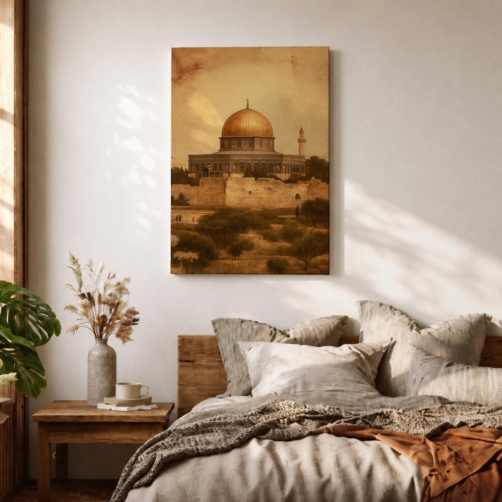 Dome of the Rock wall art featuring the iconic golden dome near Al Aqsa Mosque in Jerusalem Old City. Vintage style Islamic architecture artwork showing the historic holy site with warm antique tones. Framed canvas Islamic decor inspired by the sacred landmarks of Jerusalem.