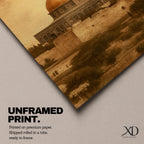 Dome of the Rock wall art featuring the iconic golden dome near Al Aqsa Mosque in Jerusalem Old City. Vintage style Islamic architecture artwork showing the historic holy site with warm antique tones. Framed canvas Islamic decor inspired by the sacred landmarks of Jerusalem.