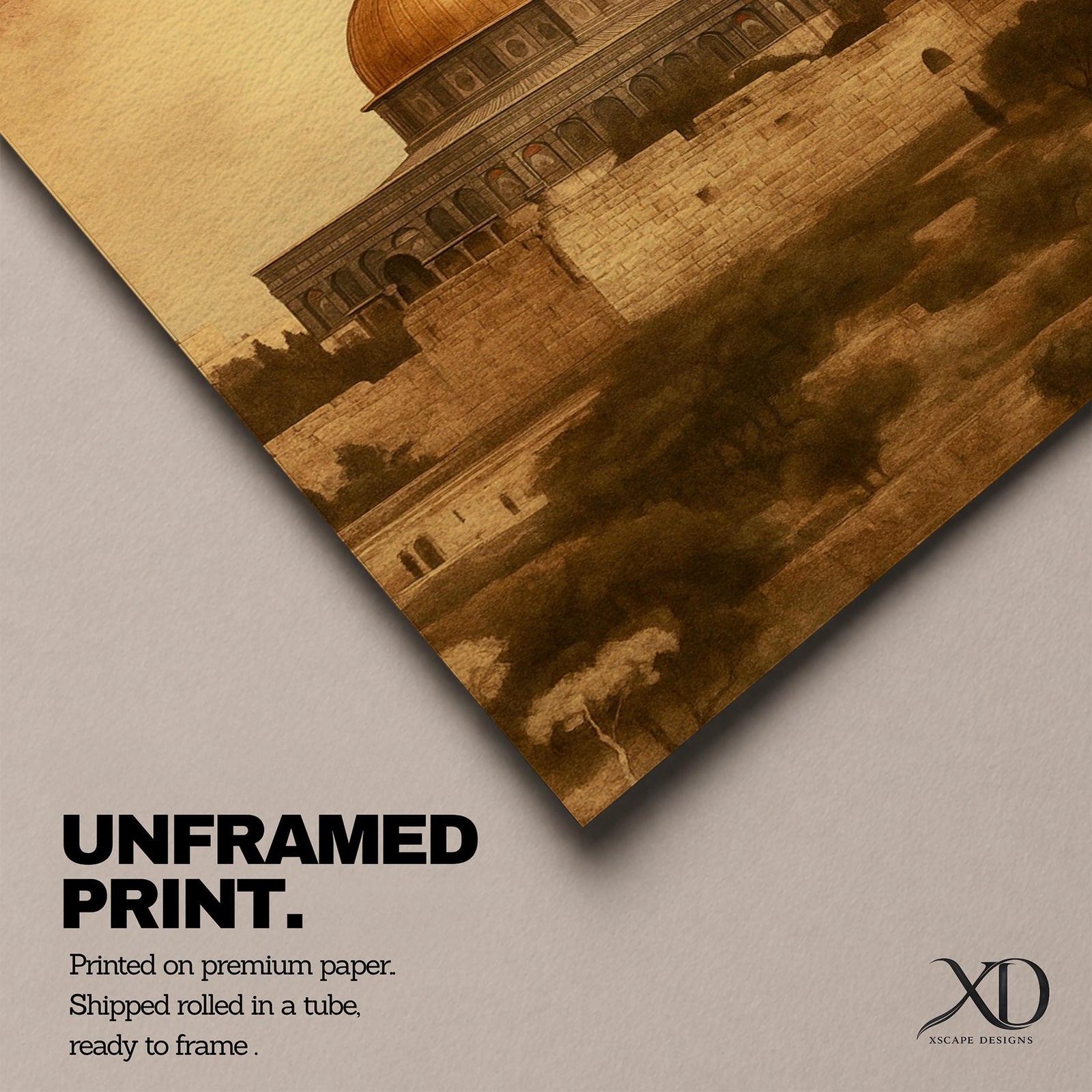Dome of the Rock wall art featuring the iconic golden dome near Al Aqsa Mosque in Jerusalem Old City. Vintage style Islamic architecture artwork showing the historic holy site with warm antique tones. Framed canvas Islamic decor inspired by the sacred landmarks of Jerusalem.