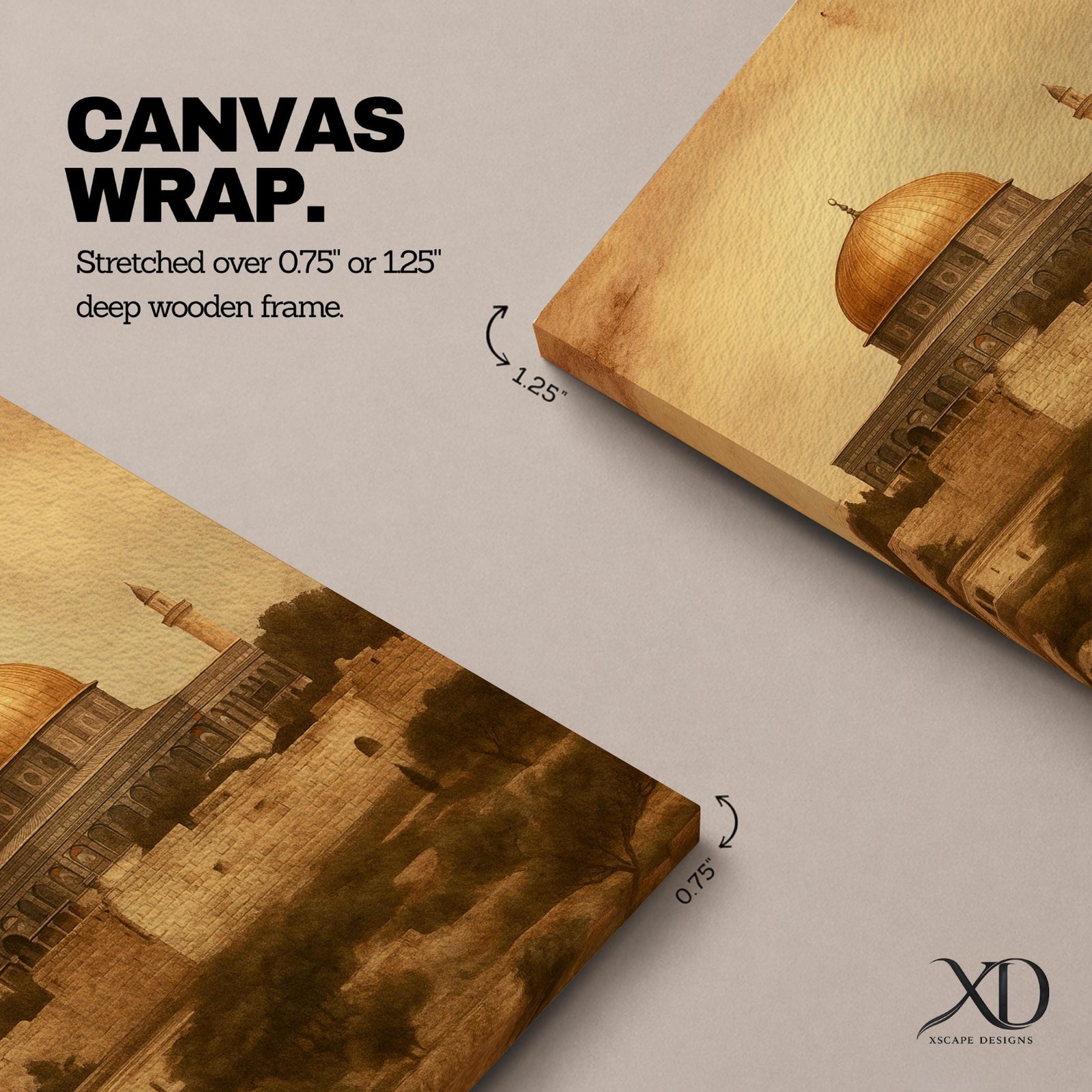 Dome of the Rock wall art featuring the iconic golden dome near Al Aqsa Mosque in Jerusalem Old City. Vintage style Islamic architecture artwork showing the historic holy site with warm antique tones. Framed canvas Islamic decor inspired by the sacred landmarks of Jerusalem.