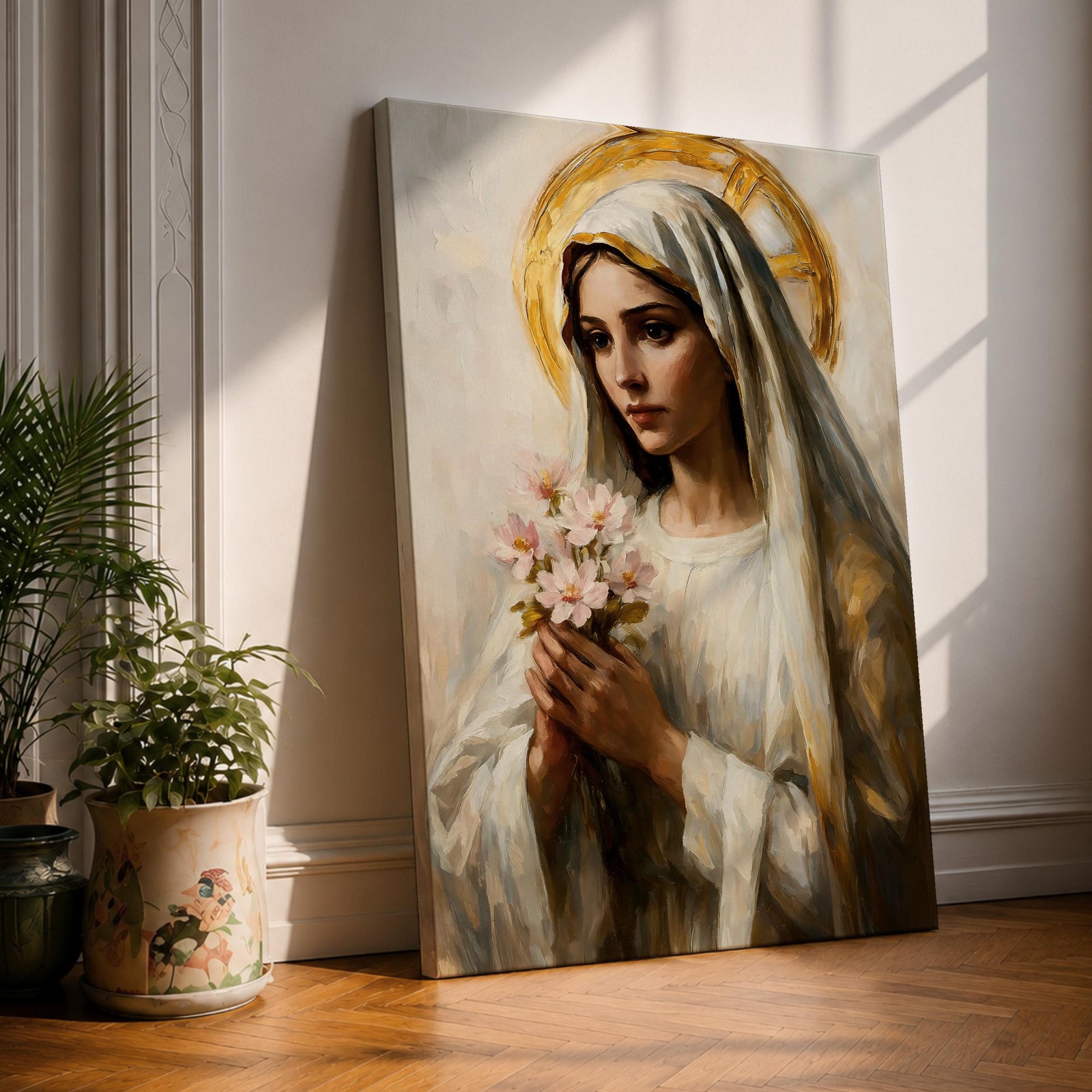Vintage devotional illustration of the Virgin Mary portrayed as the Blessed Madonna with a serene expression and gentle downward gaze, wearing flowing blue and cream robes with a soft halo surrounding her head, rendered in muted antique tones with delicate shading in a traditional Marian devotional composition inspired by classic Catholic altar imagery.