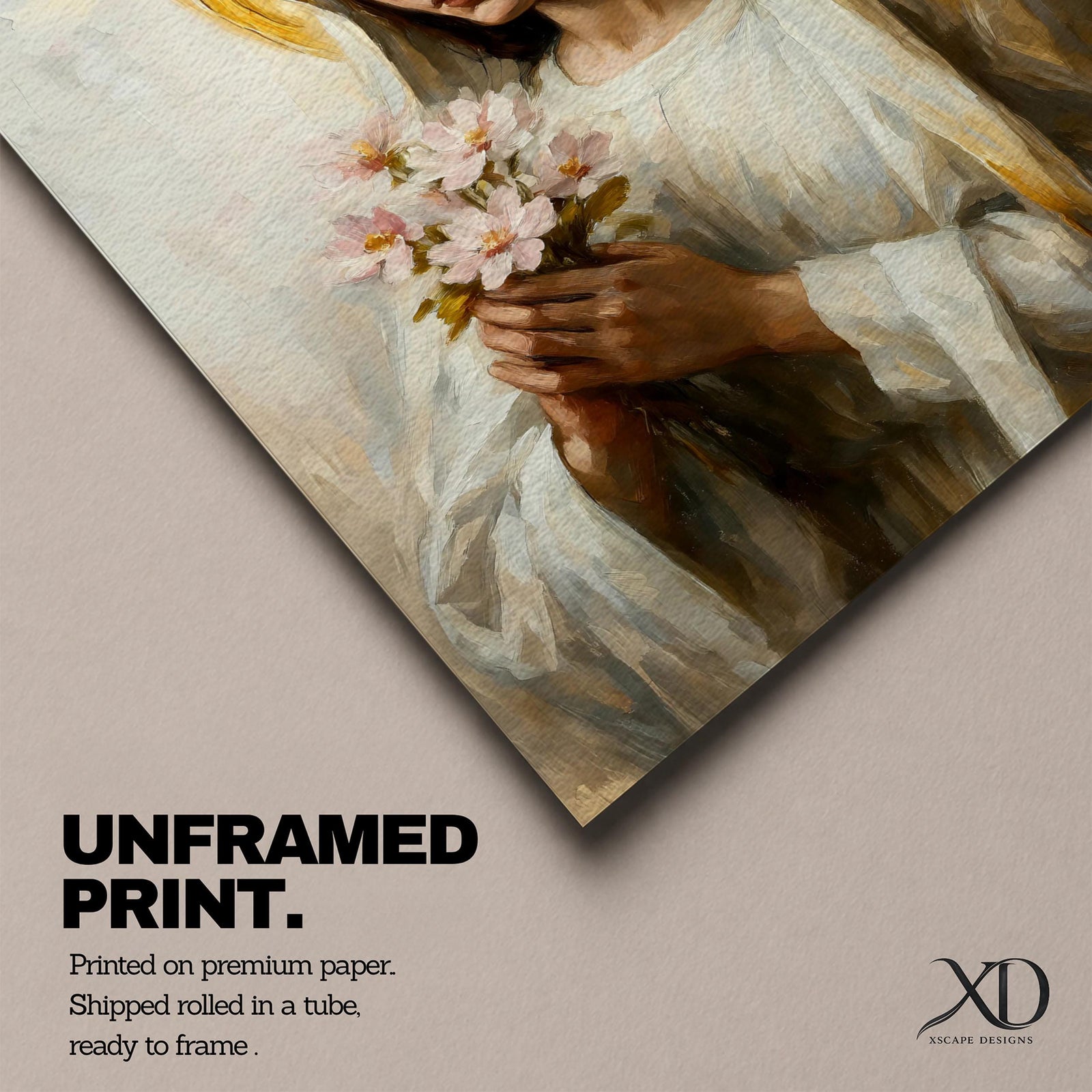 Vintage devotional illustration of the Virgin Mary portrayed as the Blessed Madonna with a serene expression and gentle downward gaze, wearing flowing blue and cream robes with a soft halo surrounding her head, rendered in muted antique tones with delicate shading in a traditional Marian devotional composition inspired by classic Catholic altar imagery.