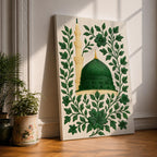 Masjid An-Nabawi wall art featuring the green dome of the Prophet’s Mosque in Medina surrounded by elegant floral embroidery patterns. Islamic artwork highlighting the sacred mosque architecture with decorative botanical design displayed as framed canvas decor.