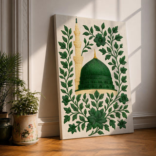 Masjid An-Nabawi wall art featuring the green dome of the Prophet’s Mosque in Medina surrounded by elegant floral embroidery patterns. Islamic artwork highlighting the sacred mosque architecture with decorative botanical design displayed as framed canvas decor.