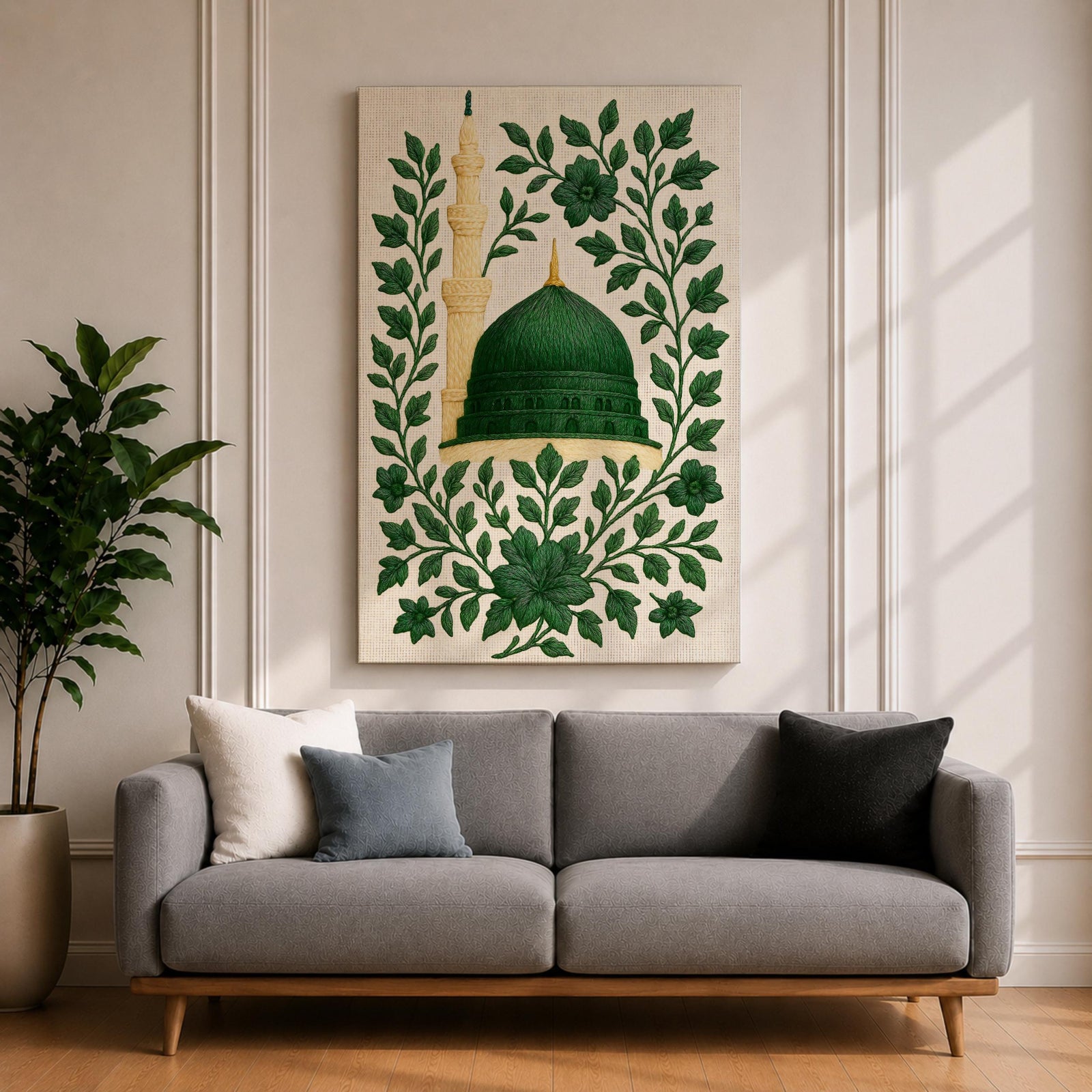 Masjid An-Nabawi wall art featuring the green dome of the Prophet’s Mosque in Medina surrounded by elegant floral embroidery patterns. Islamic artwork highlighting the sacred mosque architecture with decorative botanical design displayed as framed canvas decor.