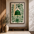 Masjid An-Nabawi wall art featuring the green dome of the Prophet’s Mosque in Medina surrounded by elegant floral embroidery patterns. Islamic artwork highlighting the sacred mosque architecture with decorative botanical design displayed as framed canvas decor.