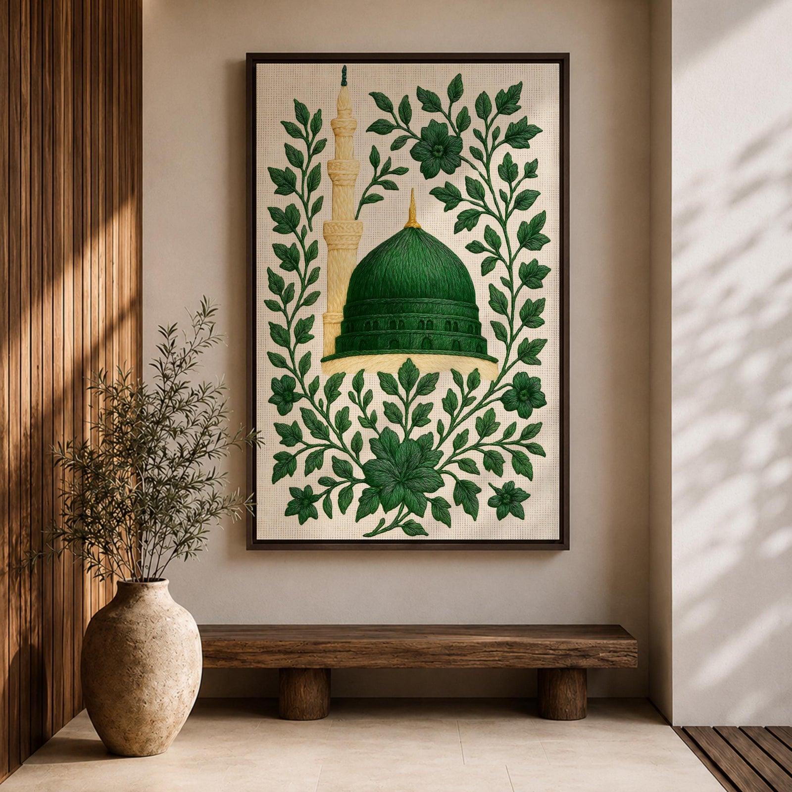 Masjid An-Nabawi wall art featuring the green dome of the Prophet’s Mosque in Medina surrounded by elegant floral embroidery patterns. Islamic artwork highlighting the sacred mosque architecture with decorative botanical design displayed as framed canvas decor.
