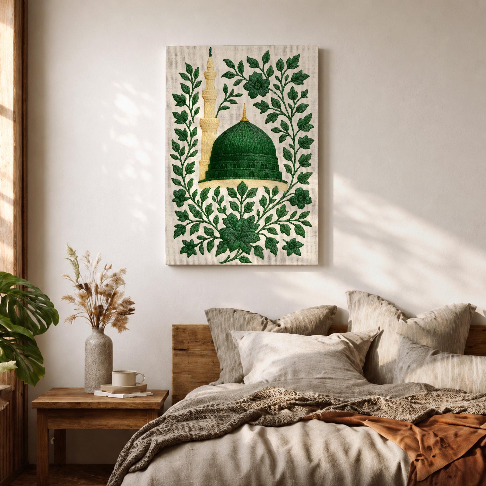 Masjid An-Nabawi wall art featuring the green dome of the Prophet’s Mosque in Medina surrounded by elegant floral embroidery patterns. Islamic artwork highlighting the sacred mosque architecture with decorative botanical design displayed as framed canvas decor.