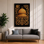 Masjid Al Aqsa wall art featuring the golden Dome of the Rock in Jerusalem surrounded by ornate gold floral embroidery style patterns. Islamic artwork inspired by traditional decorative motifs and sacred mosque architecture. Framed canvas Islamic decor for Muslim homes.