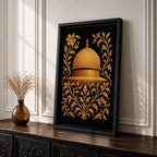 Masjid Al Aqsa wall art featuring the golden Dome of the Rock in Jerusalem surrounded by ornate gold floral embroidery style patterns. Islamic artwork inspired by traditional decorative motifs and sacred mosque architecture. Framed canvas Islamic decor for Muslim homes.