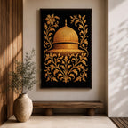 Masjid Al Aqsa wall art featuring the golden Dome of the Rock in Jerusalem surrounded by ornate gold floral embroidery style patterns. Islamic artwork inspired by traditional decorative motifs and sacred mosque architecture. Framed canvas Islamic decor for Muslim homes.