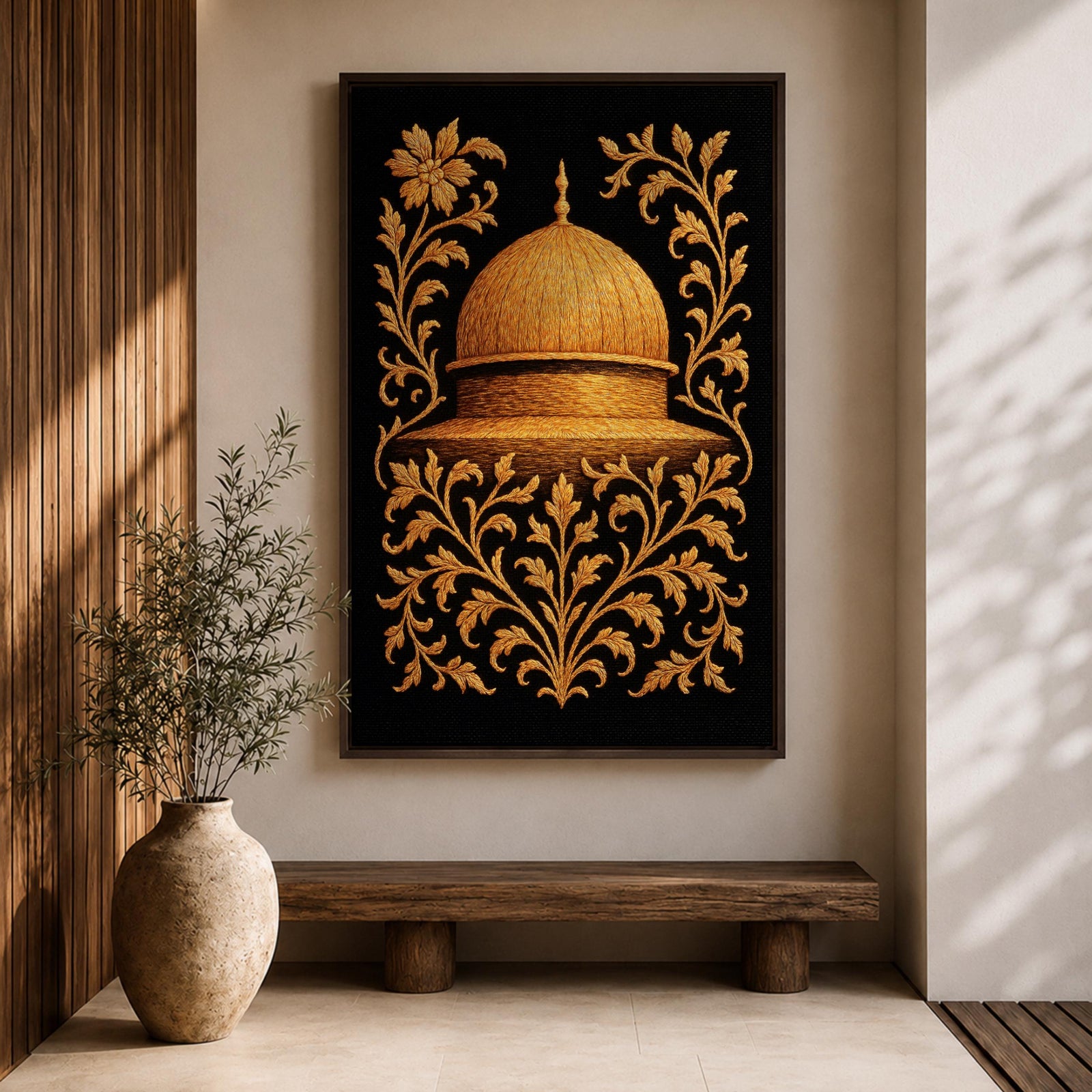 Masjid Al Aqsa wall art featuring the golden Dome of the Rock in Jerusalem surrounded by ornate gold floral embroidery style patterns. Islamic artwork inspired by traditional decorative motifs and sacred mosque architecture. Framed canvas Islamic decor for Muslim homes.