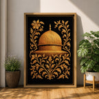 Masjid Al Aqsa wall art featuring the golden Dome of the Rock in Jerusalem surrounded by ornate gold floral embroidery style patterns. Islamic artwork inspired by traditional decorative motifs and sacred mosque architecture. Framed canvas Islamic decor for Muslim homes.