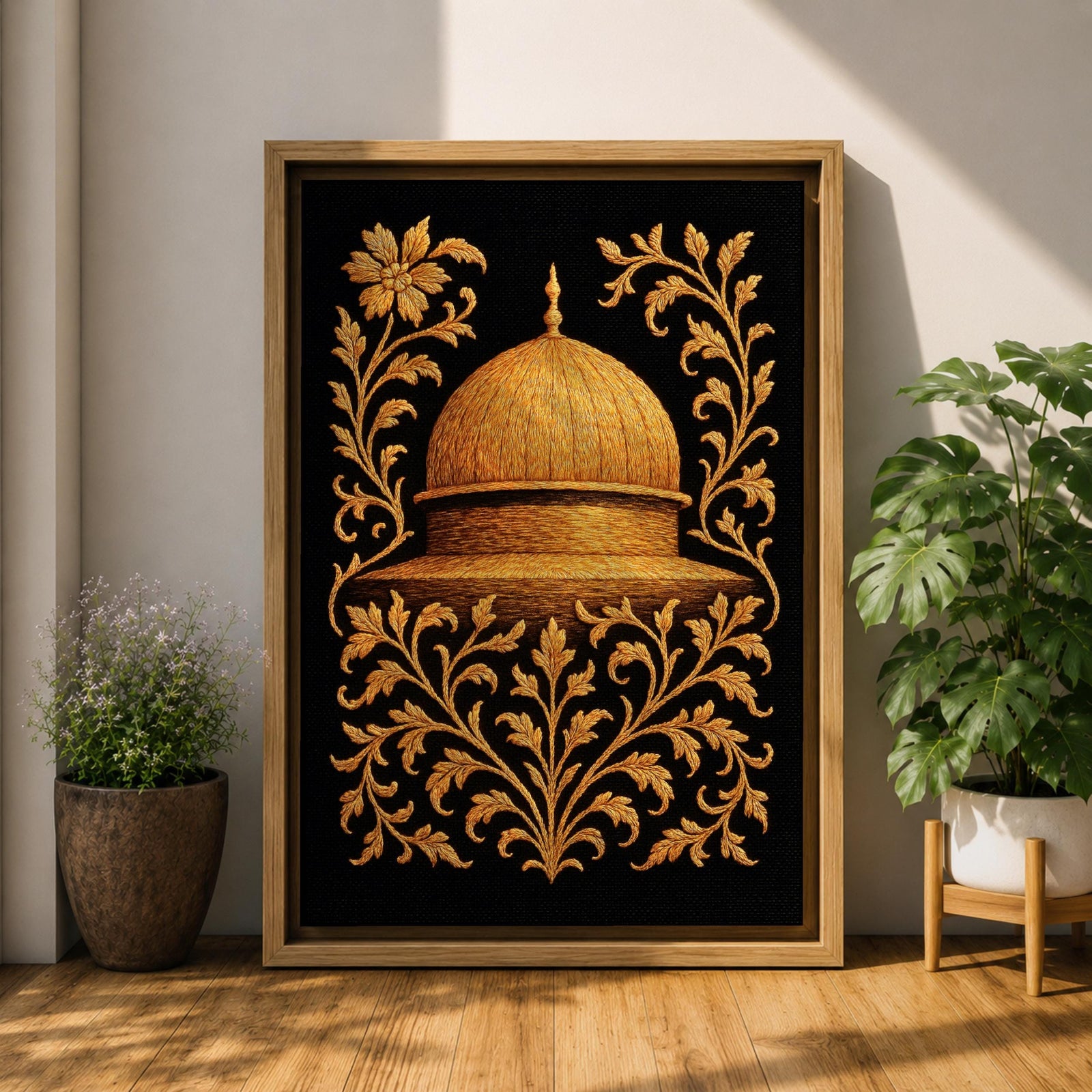 Masjid Al Aqsa wall art featuring the golden Dome of the Rock in Jerusalem surrounded by ornate gold floral embroidery style patterns. Islamic artwork inspired by traditional decorative motifs and sacred mosque architecture. Framed canvas Islamic decor for Muslim homes.