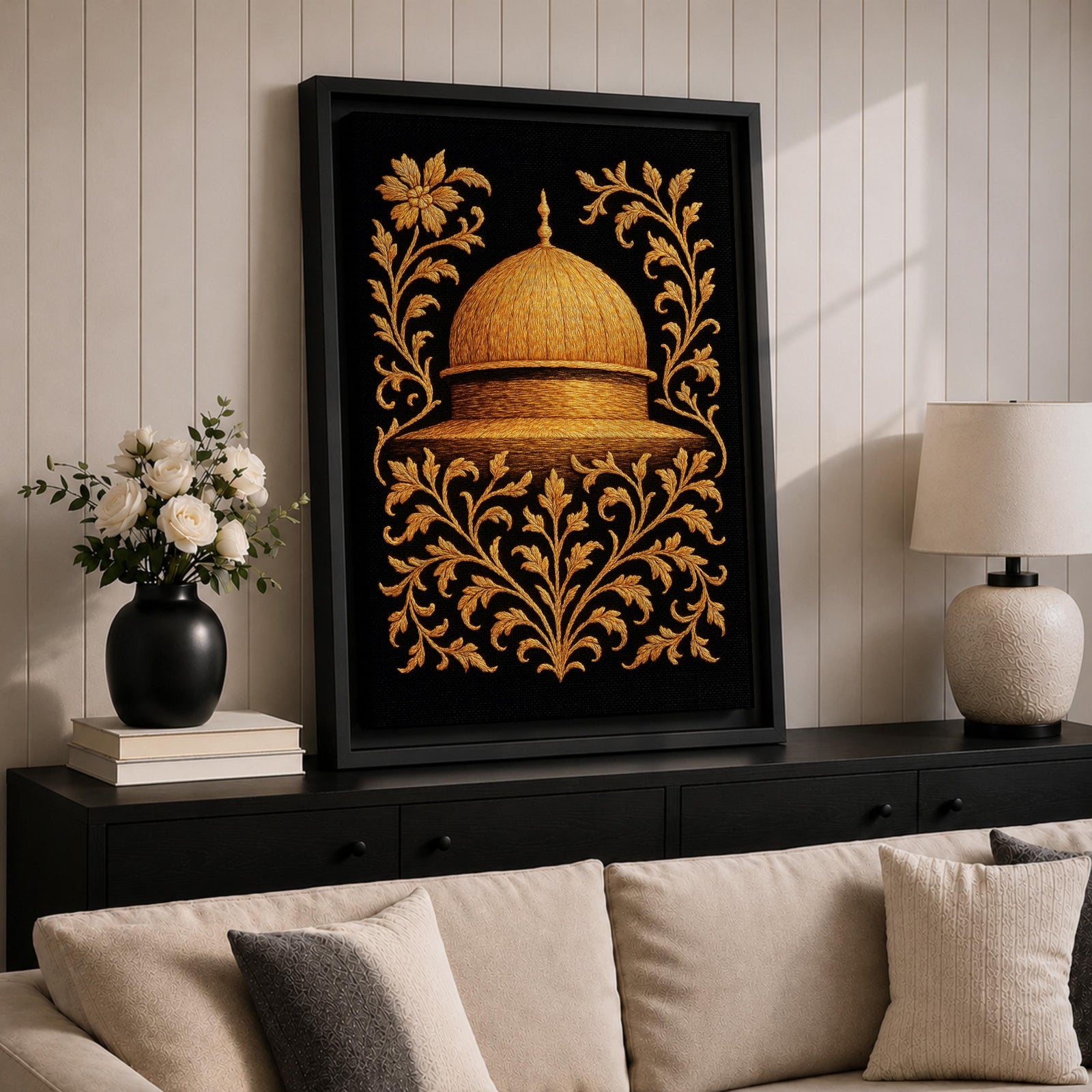 Masjid Al Aqsa wall art featuring the golden Dome of the Rock in Jerusalem surrounded by ornate gold floral embroidery style patterns. Islamic artwork inspired by traditional decorative motifs and sacred mosque architecture. Framed canvas Islamic decor for Muslim homes.